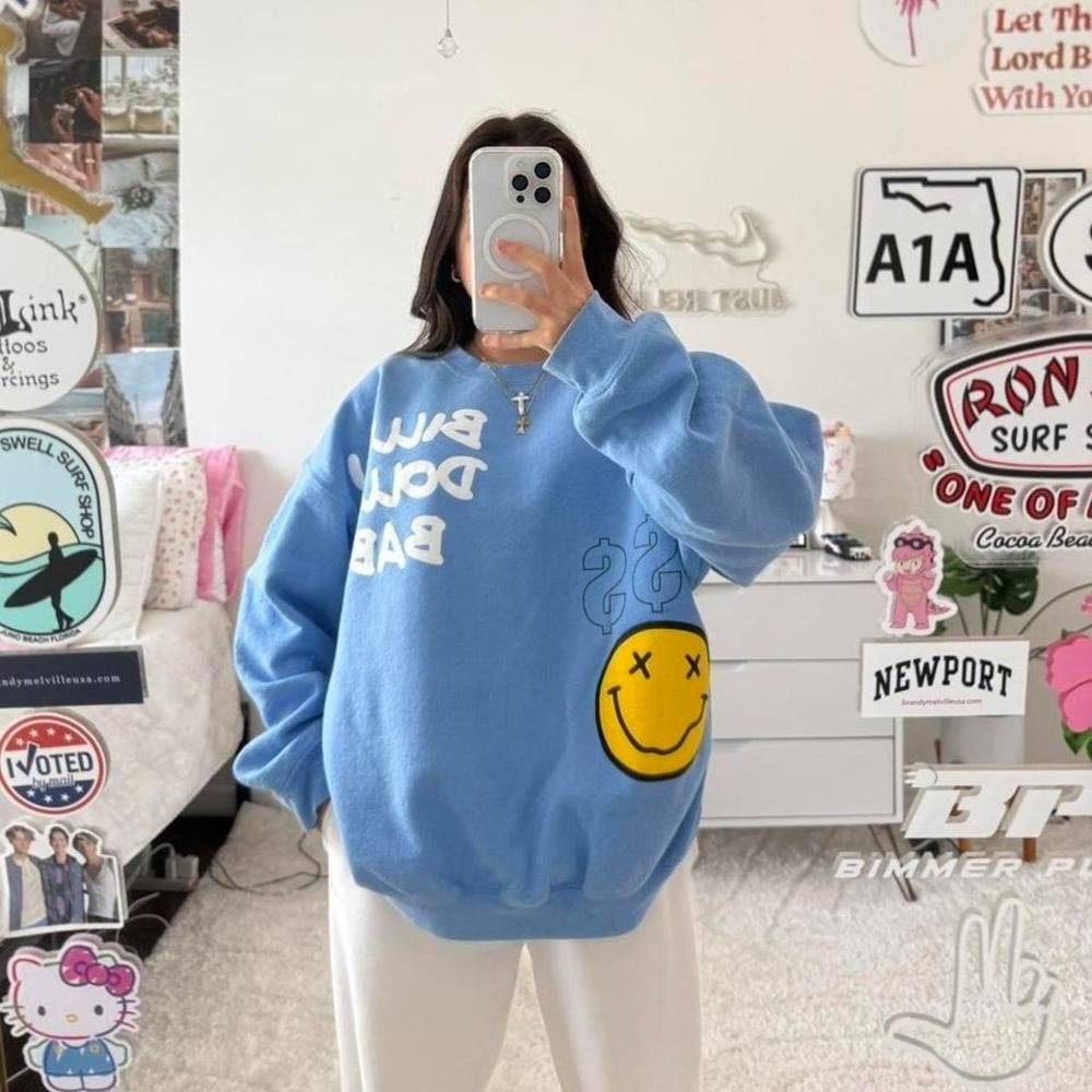 sky blue smiley "million dollar baby" crewneck graphic sweatshirt